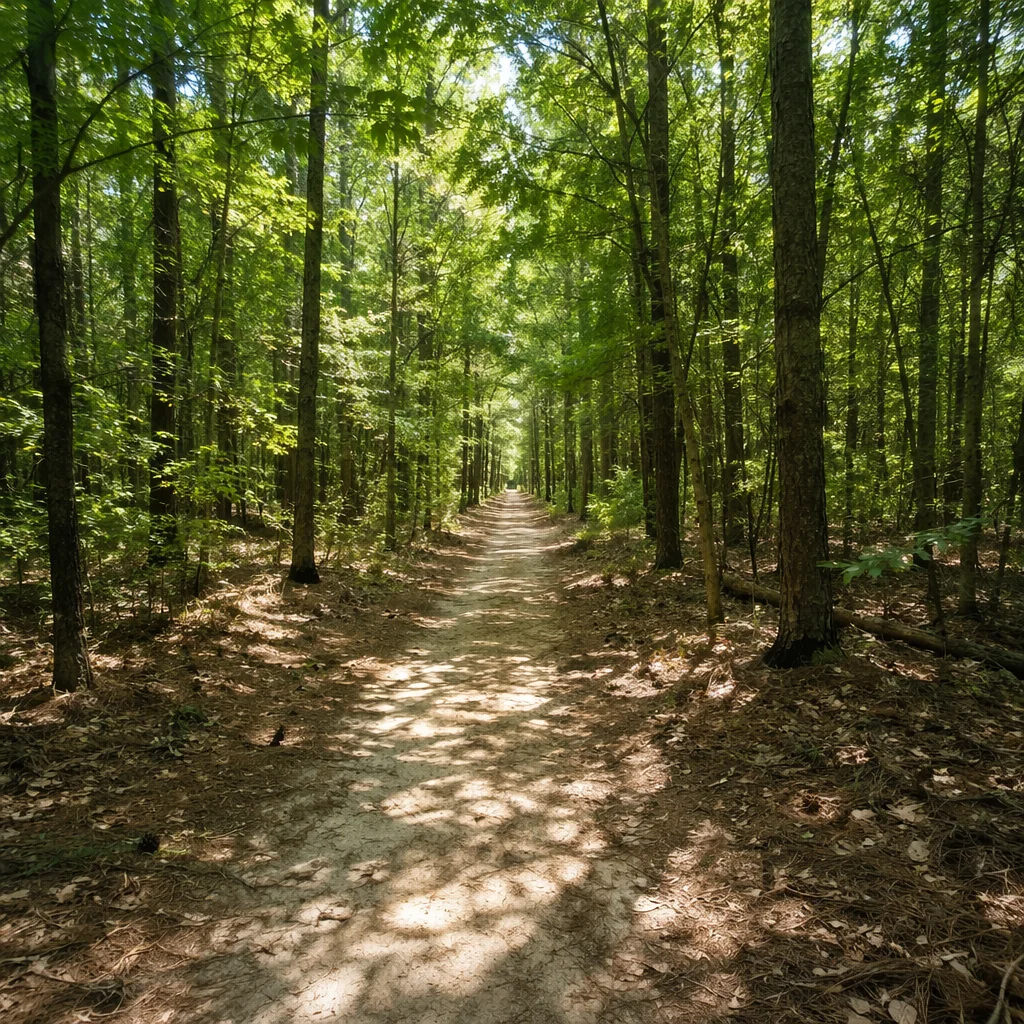 Sunlit Forest Path Through Green Trees