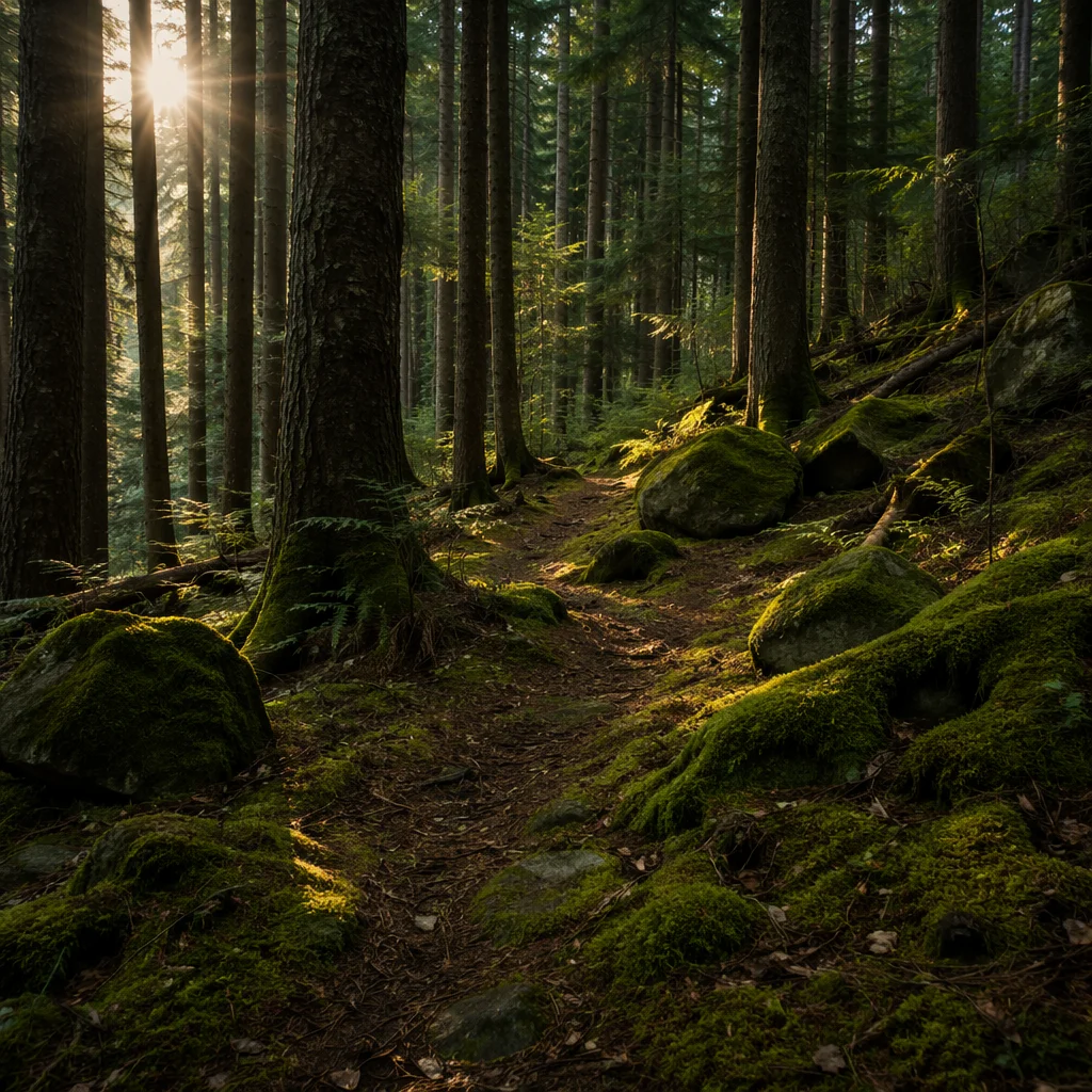 Sunlit Evergreen Forest Path