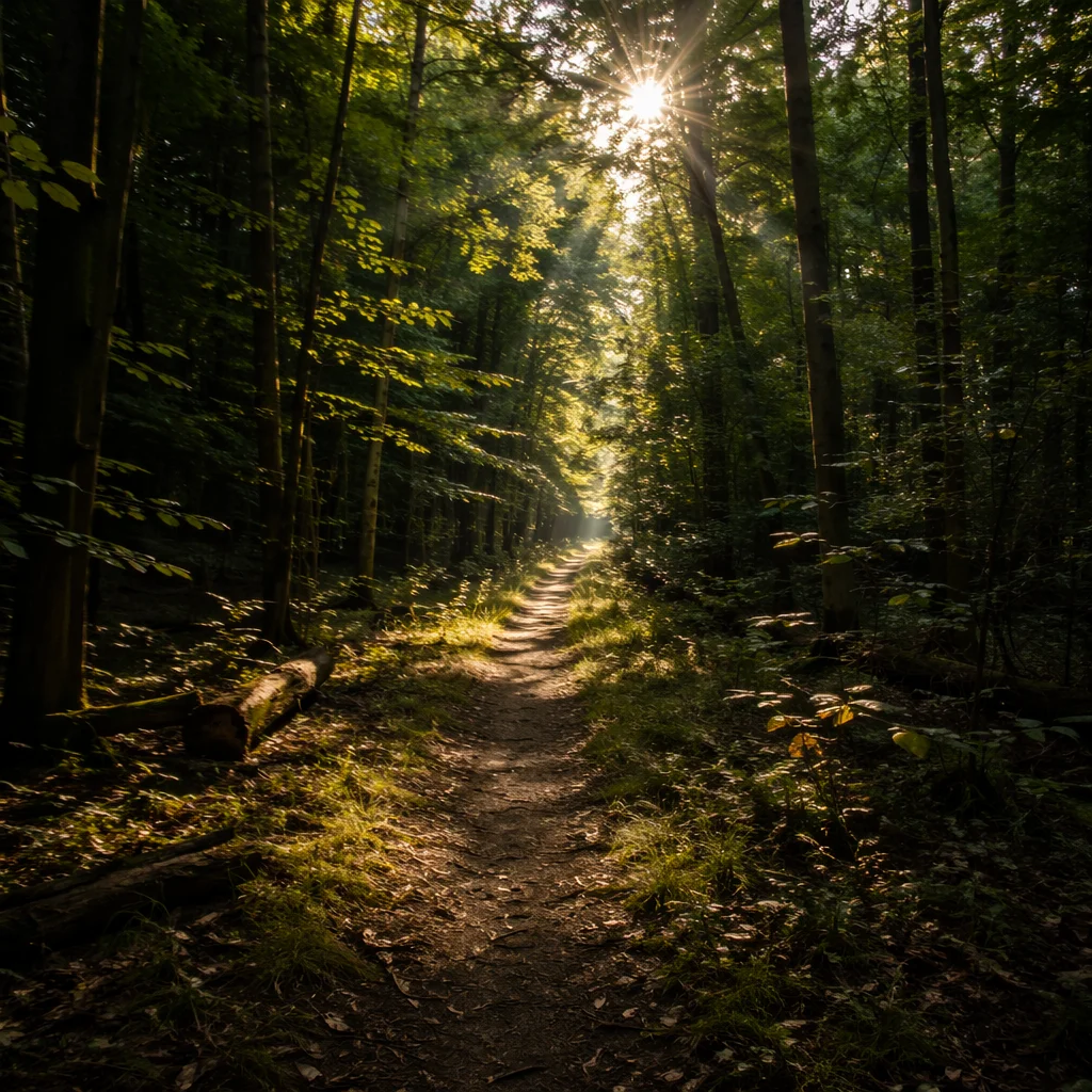 Sunlit Forest Path Through Green Woods
