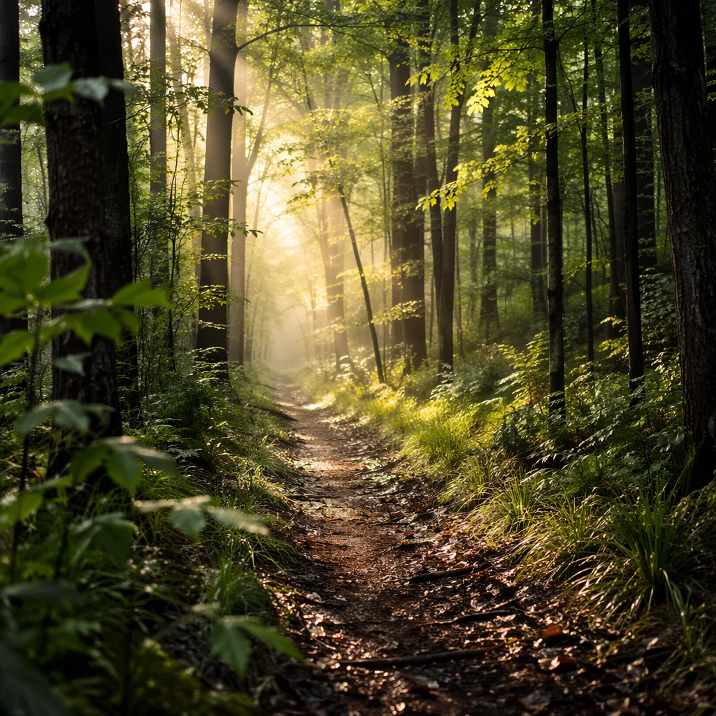 Sunlit Forest Path After Spring Rain