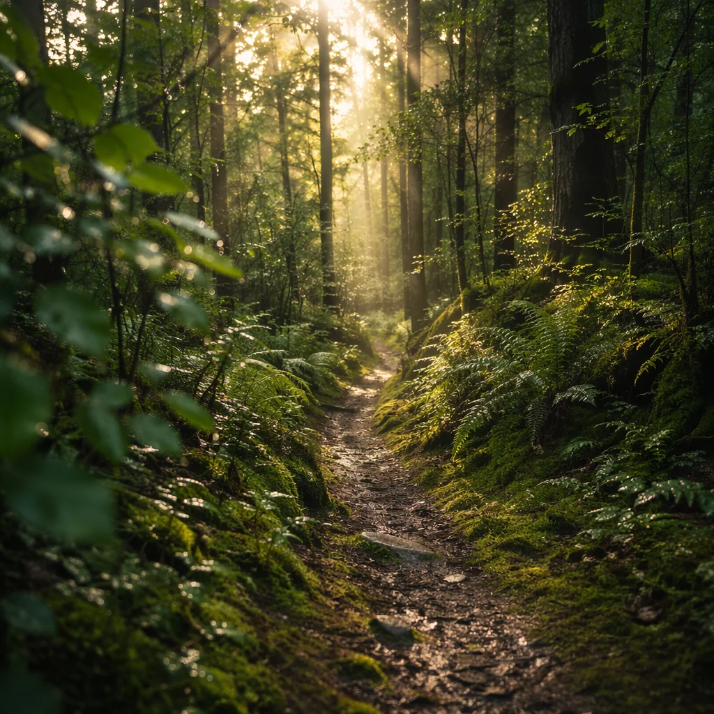 Sunlit Forest Path After Morning Rain
