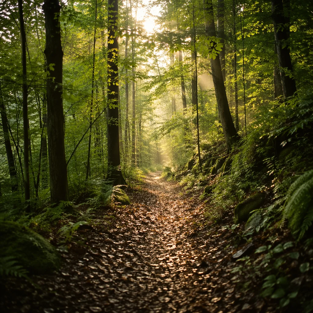 Sunlit Forest Path After Morning Rain