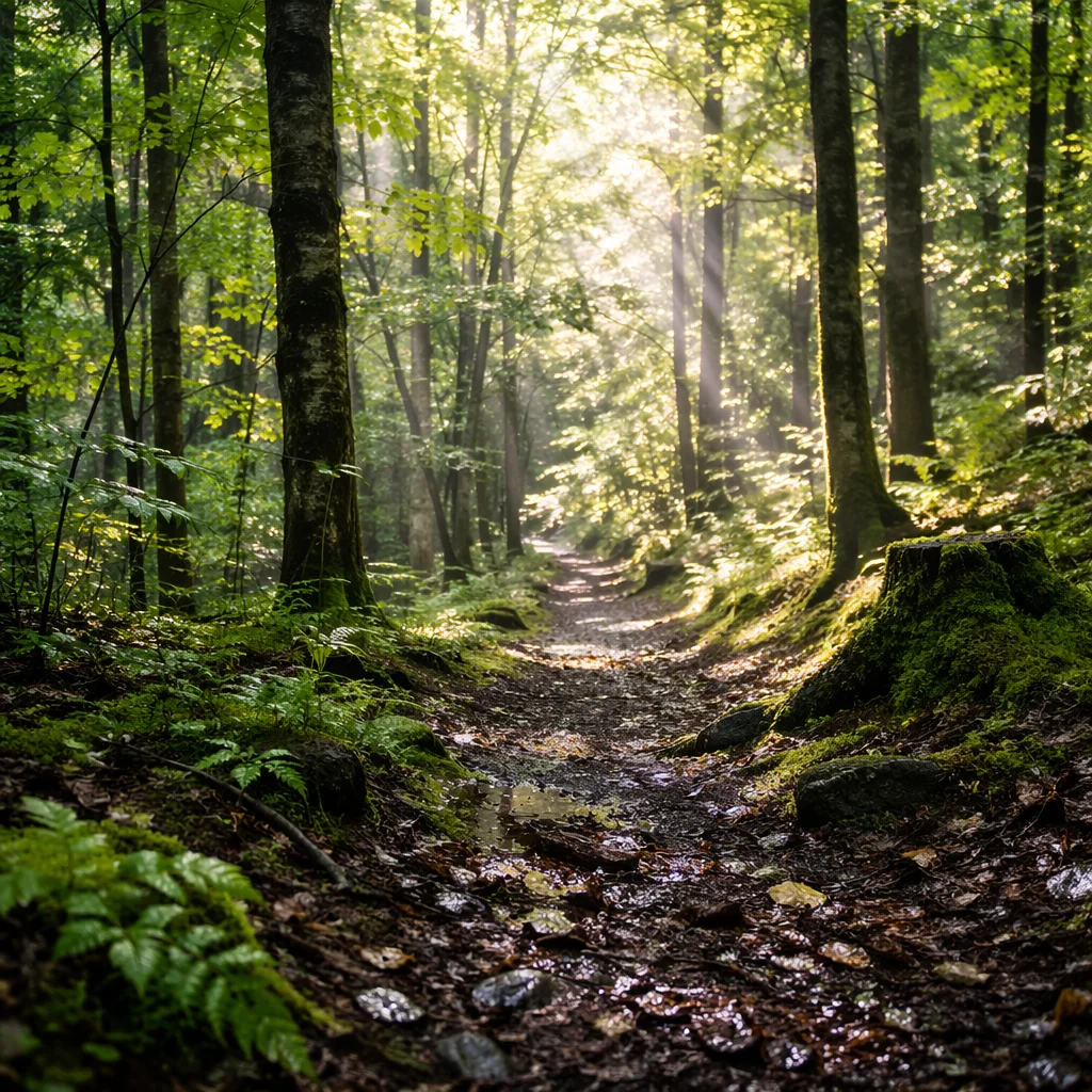 Sunlit Forest Path After Morning Rain