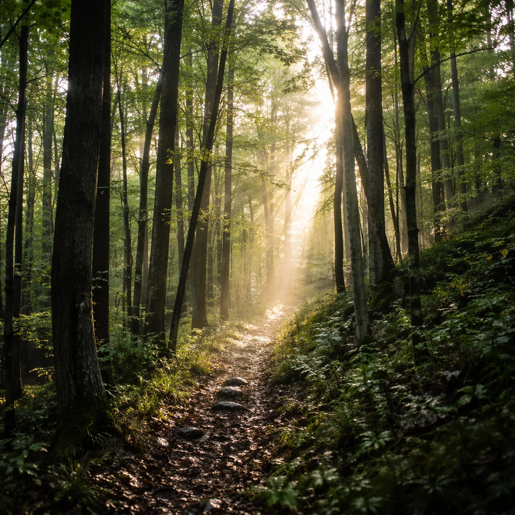 Sunlit Forest Path Through Green Trees