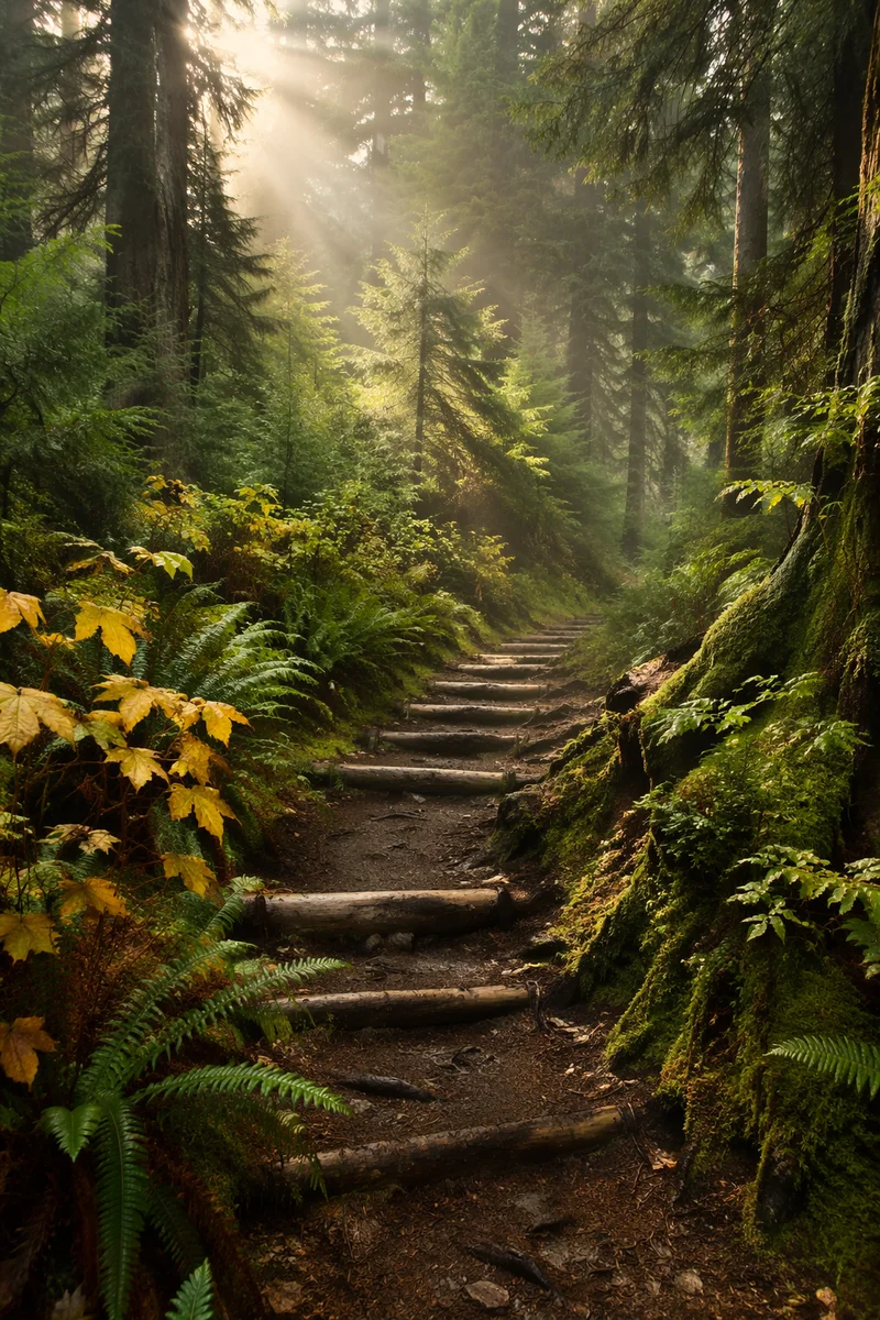 Sunlit Evergreen Forest Path with Ferns