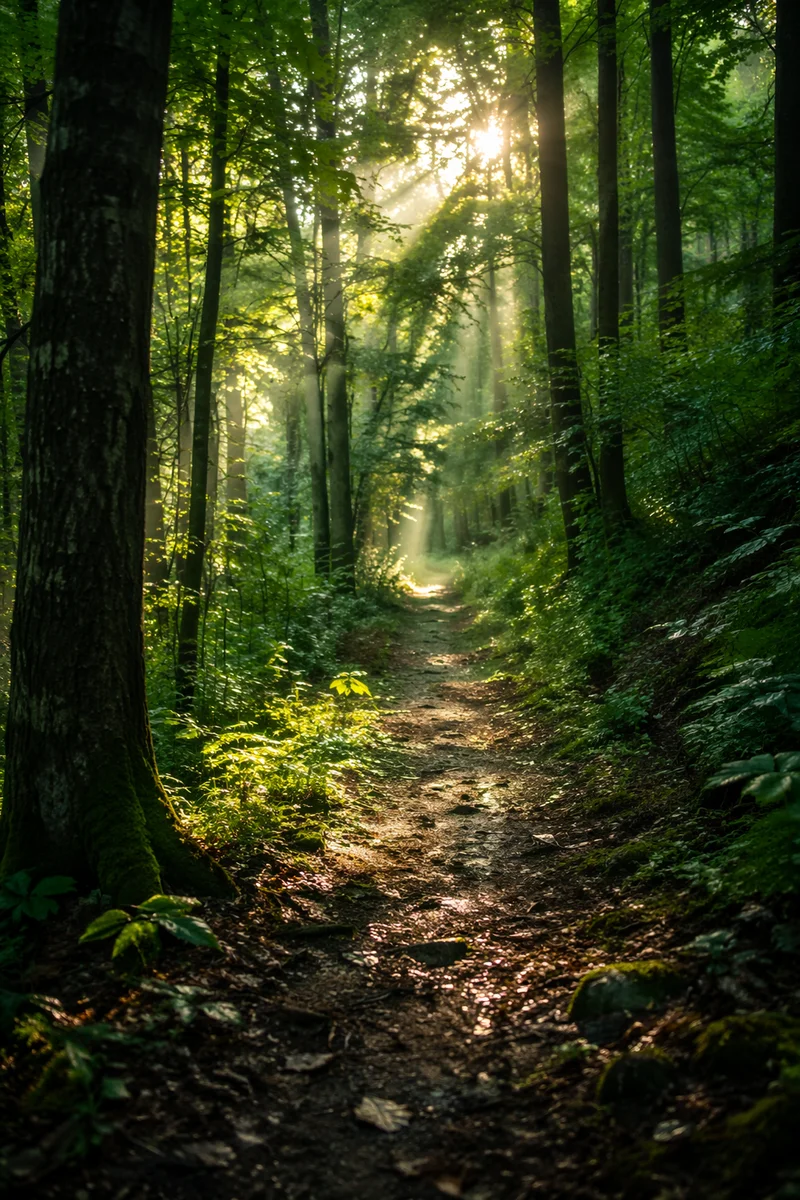 Sunlit Forest Path After Morning Rain