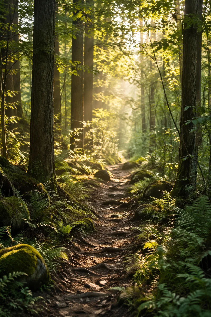 Sunlit Forest Path Through Green Trees