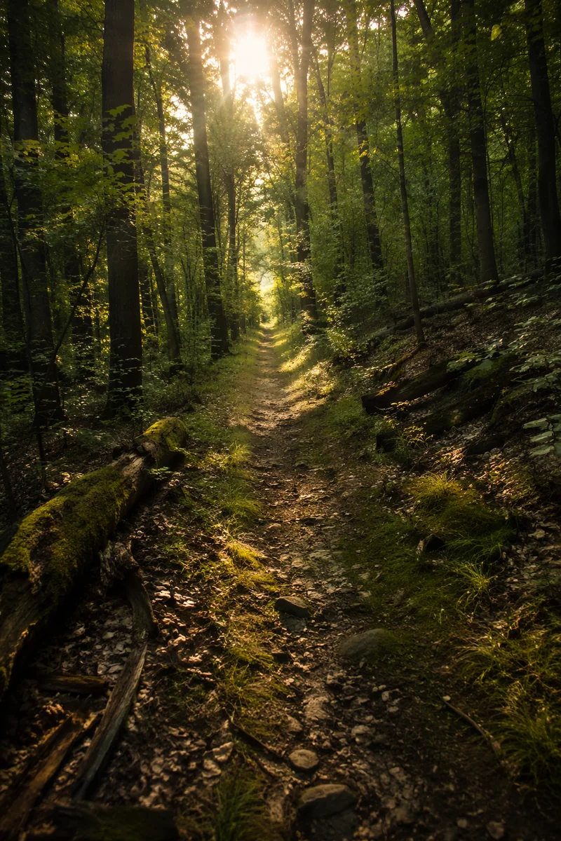 Sunlit Forest Path Through Green Woodland