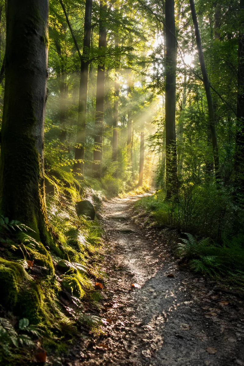 Sunlit Forest Path After Morning Rain