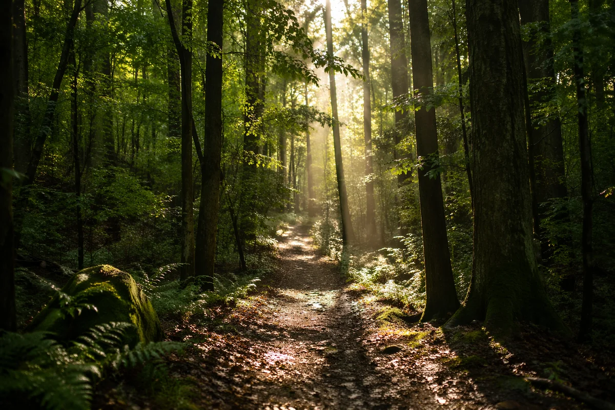 Sunlit Forest Path After Morning Rain