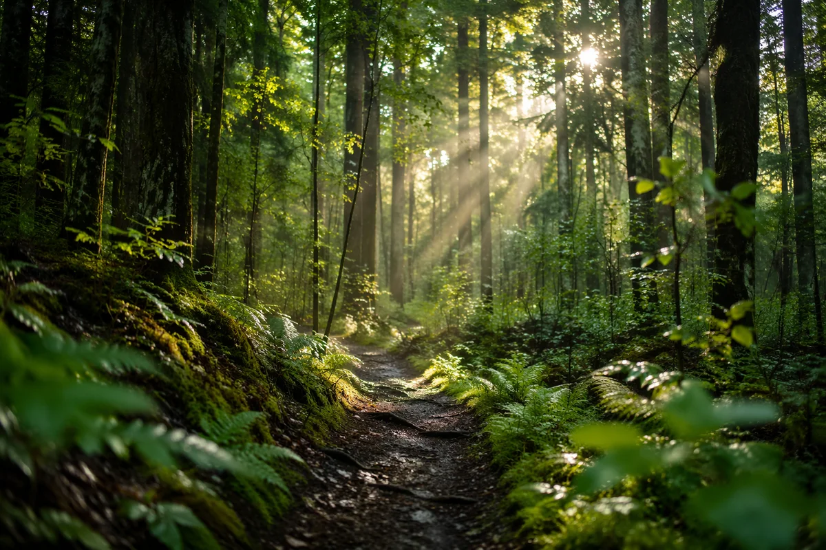 Sunlit Forest Path After Morning Rain