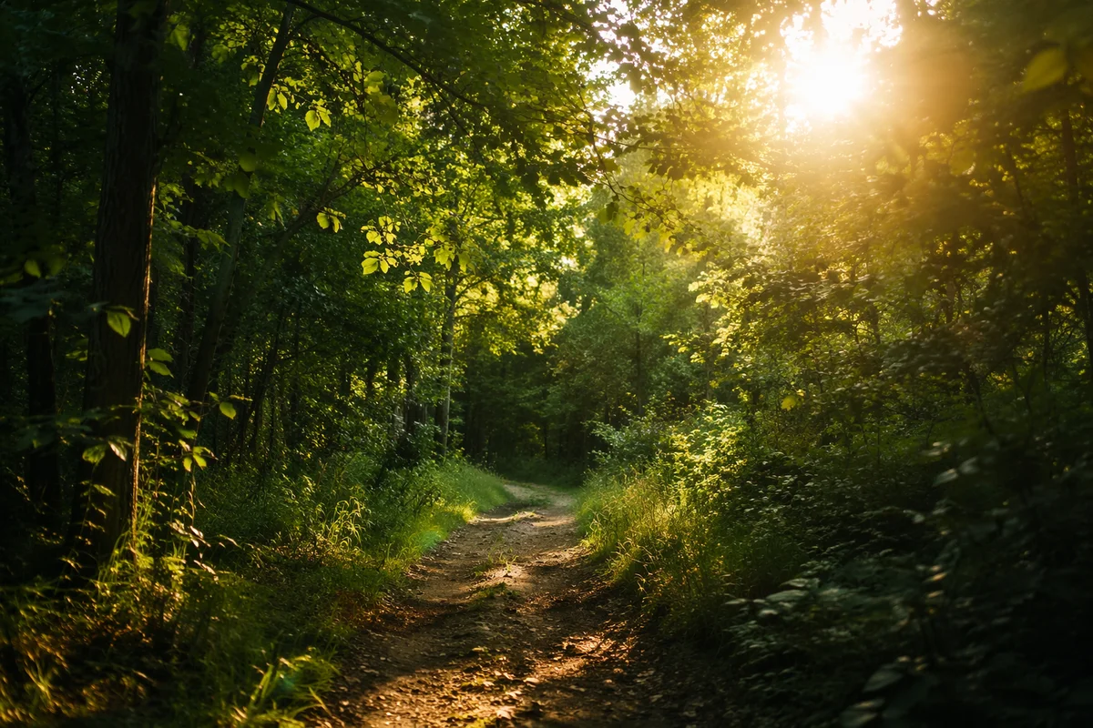 Sunlit Forest Path Through Summer Trees
