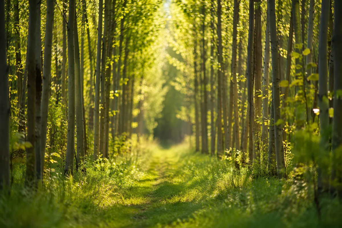 Sunlit Woodland Path Through Spring Trees