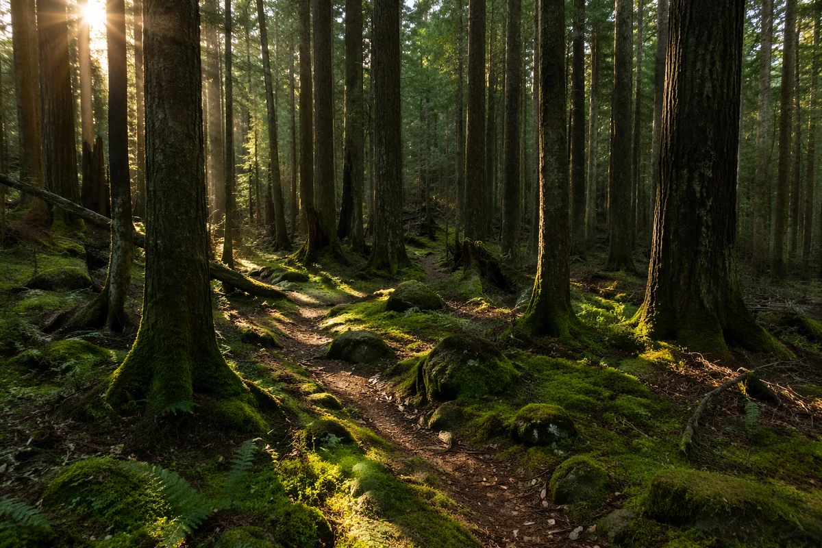 Sunlit Evergreen Forest Path at Dawn