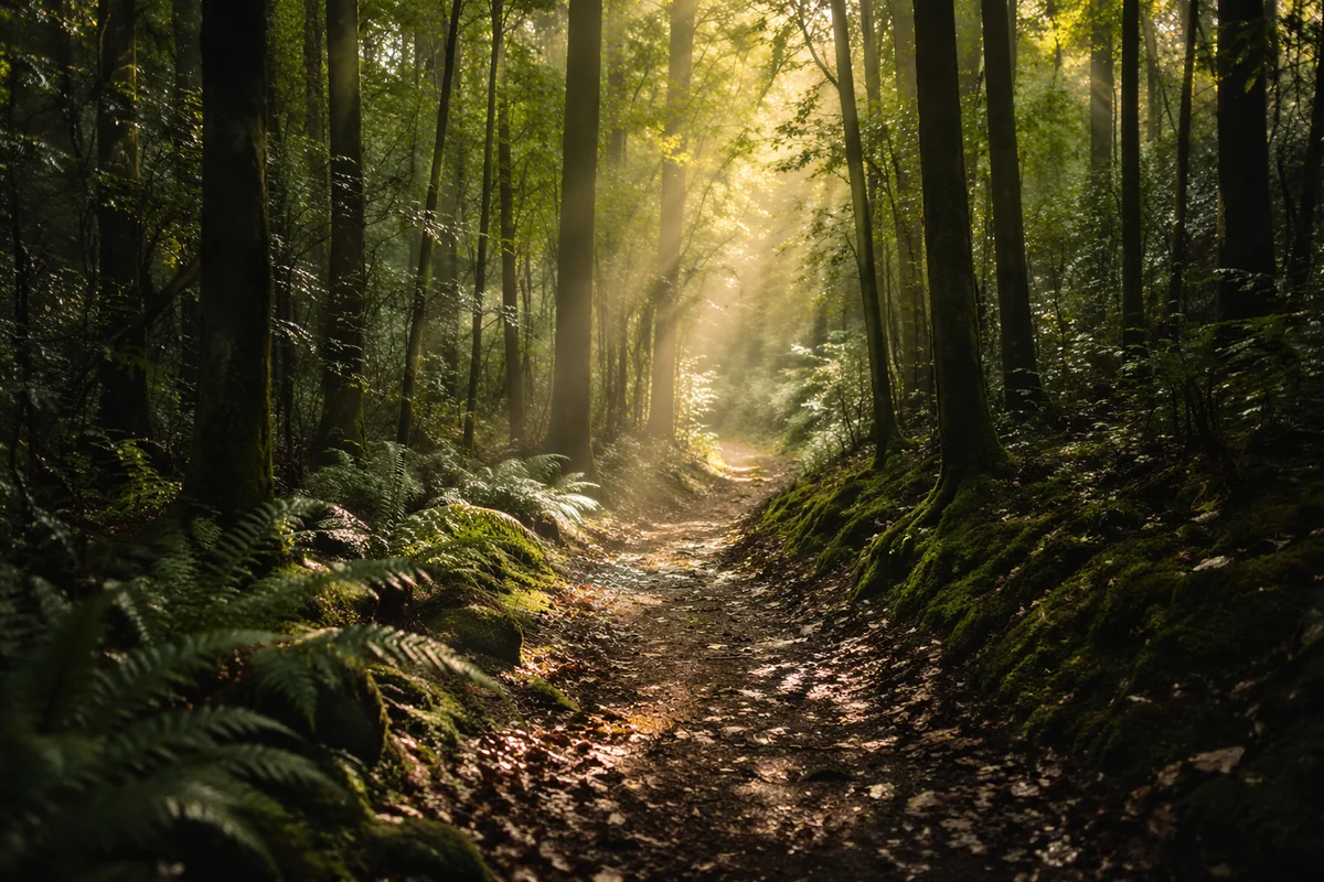 Sunlit Forest Path After Morning Rain
