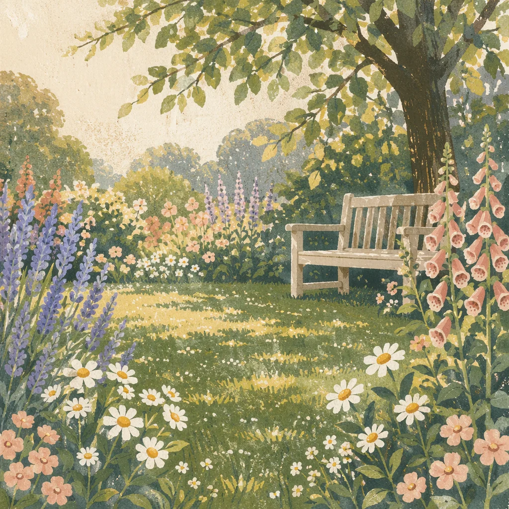 Peaceful Spring Backyard Garden with Bench