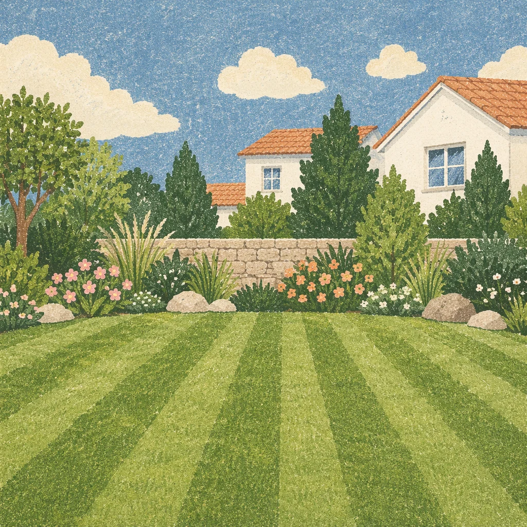 Sunny Backyard Garden With Fresh Green Lawn