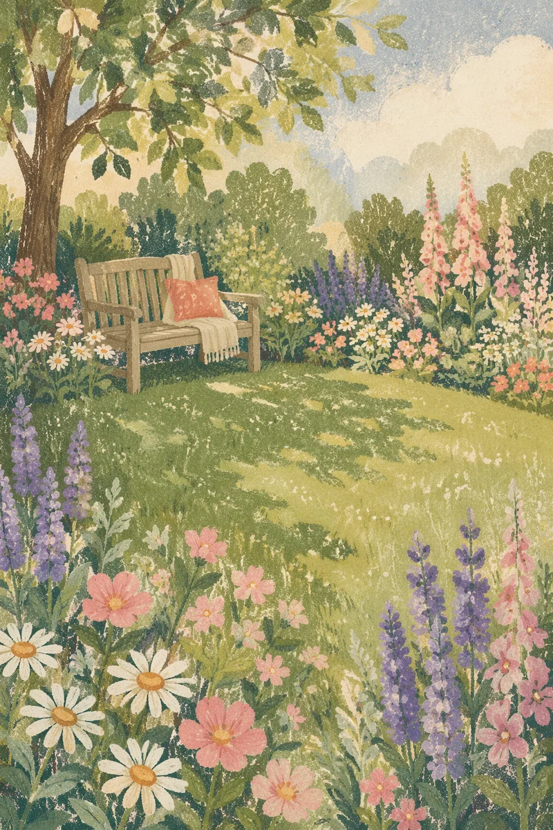 Peaceful Spring Backyard Garden with Bench