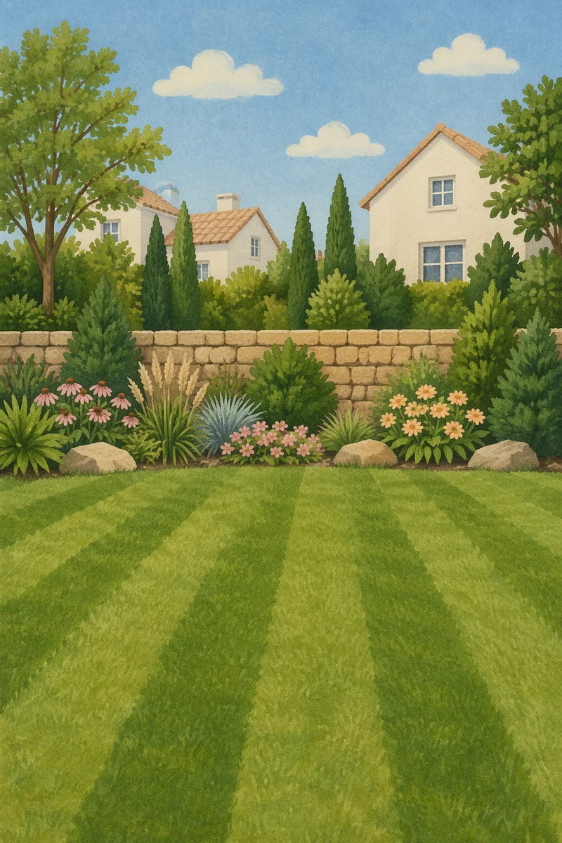 Sunny Backyard Garden with Striped Green Lawn