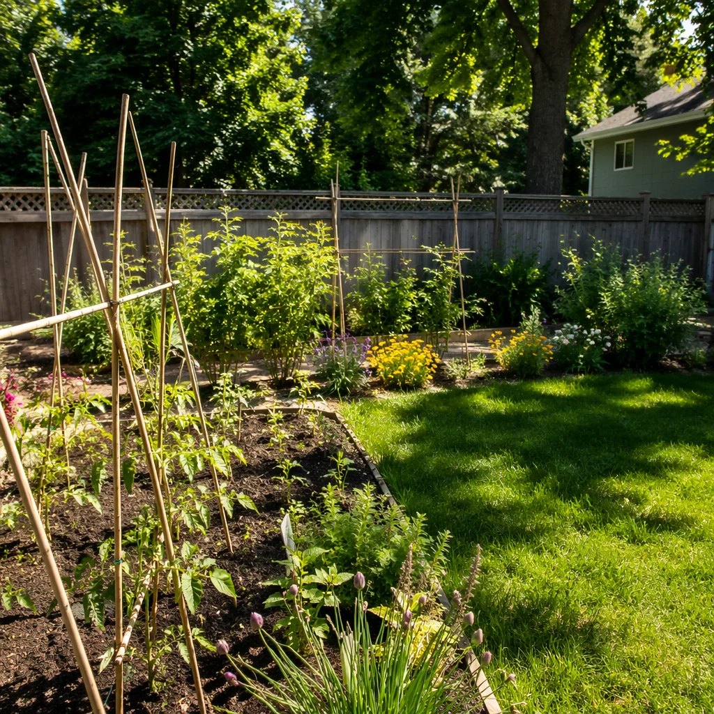 Late Spring Backyard Garden with Curved Lawn