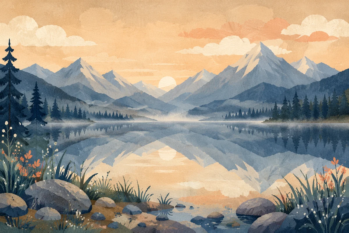 Calm Morning Lake Reflection in Mountains