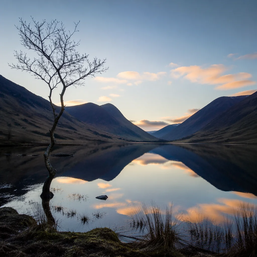 Calm Mountain Lake at Dawn Reflection