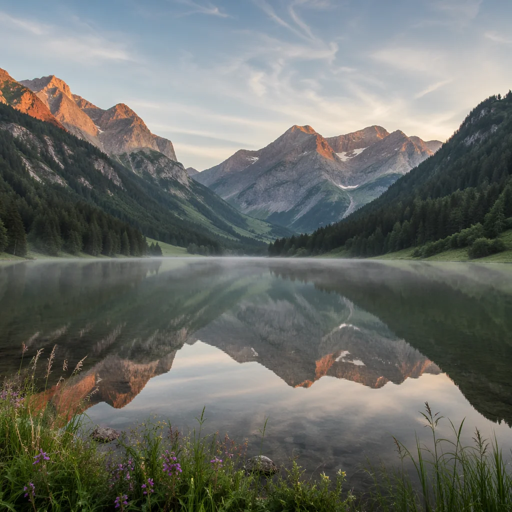 Serene Alpine Lake Morning Reflection