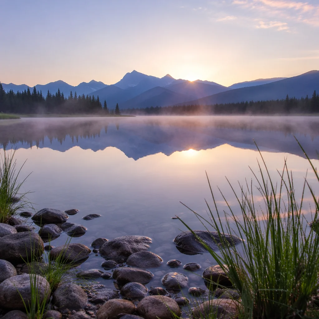 Calm Alpine Lake Morning Reflection