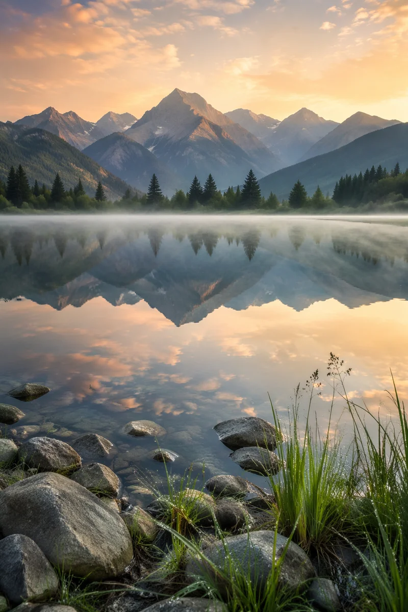 Serene Morning Lake with Mountain Reflections