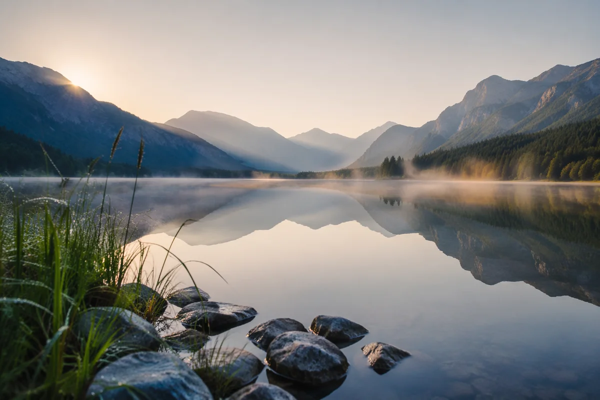 Calm Alpine Lake Morning Reflection