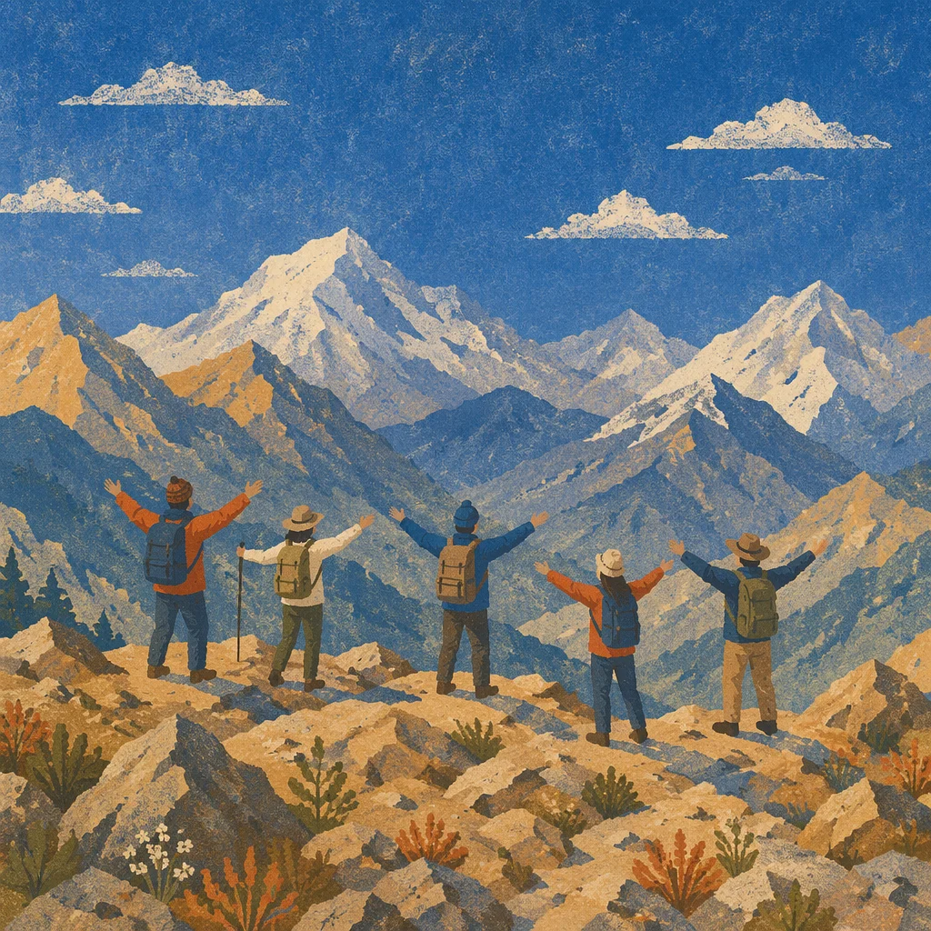 Joyful Hikers on Alpine Mountain Ridge
