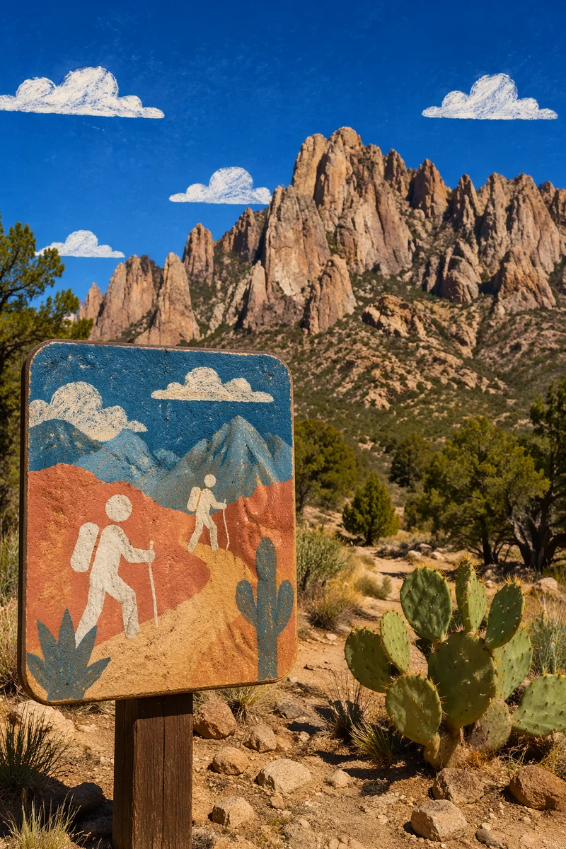 Desert Hiking Trail Marker and Mountains
