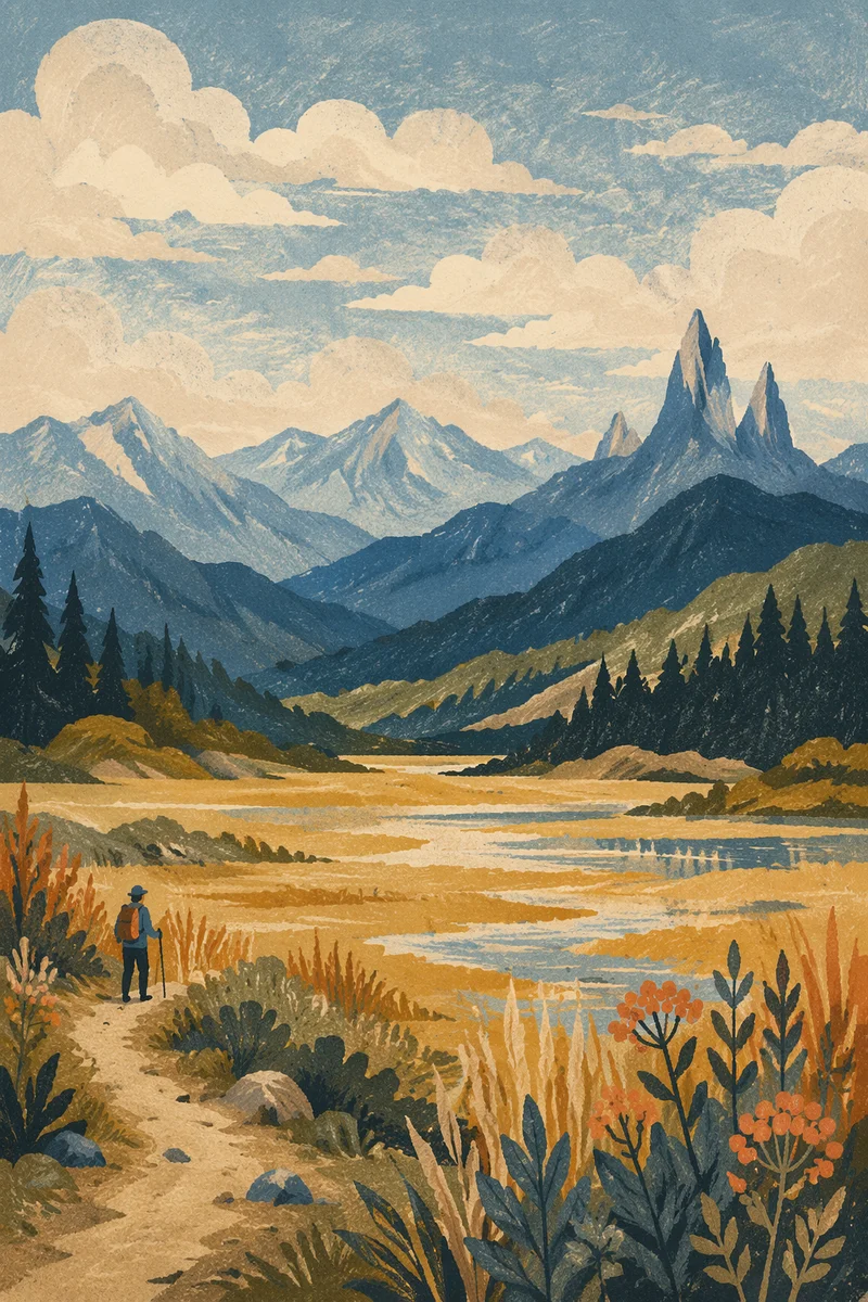 Peaceful Mountain Trail and Golden Wetland