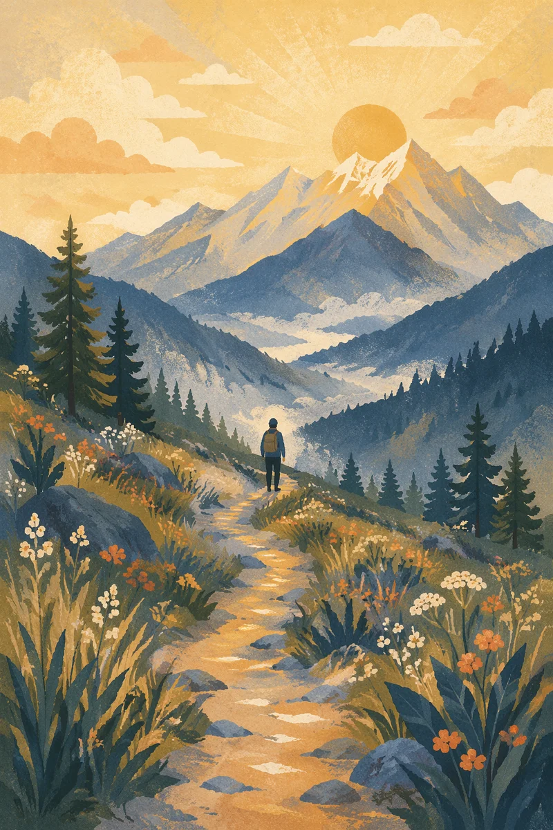 Sunrise Alpine Trail Toward Mountain Peaks