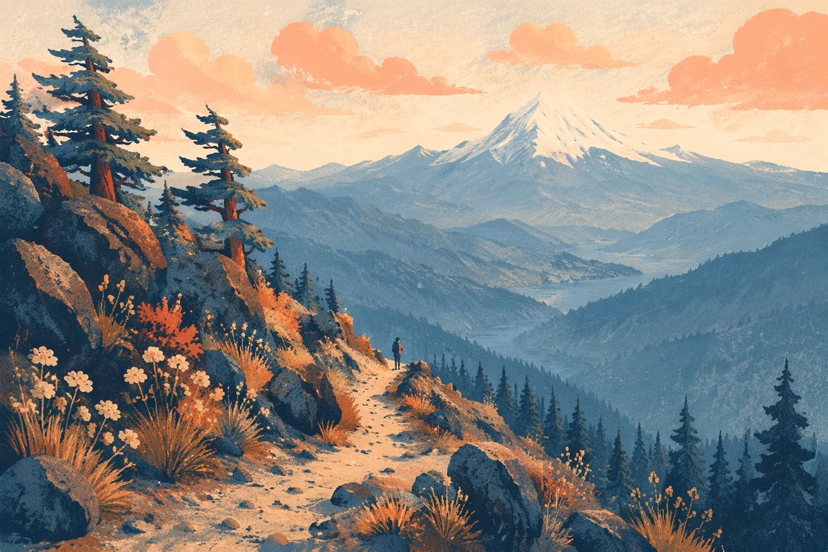 Golden Hour Mountain Trail and Distant Peak