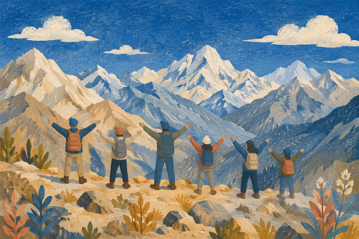 Joyful Hikers on Alpine Mountain Ridge