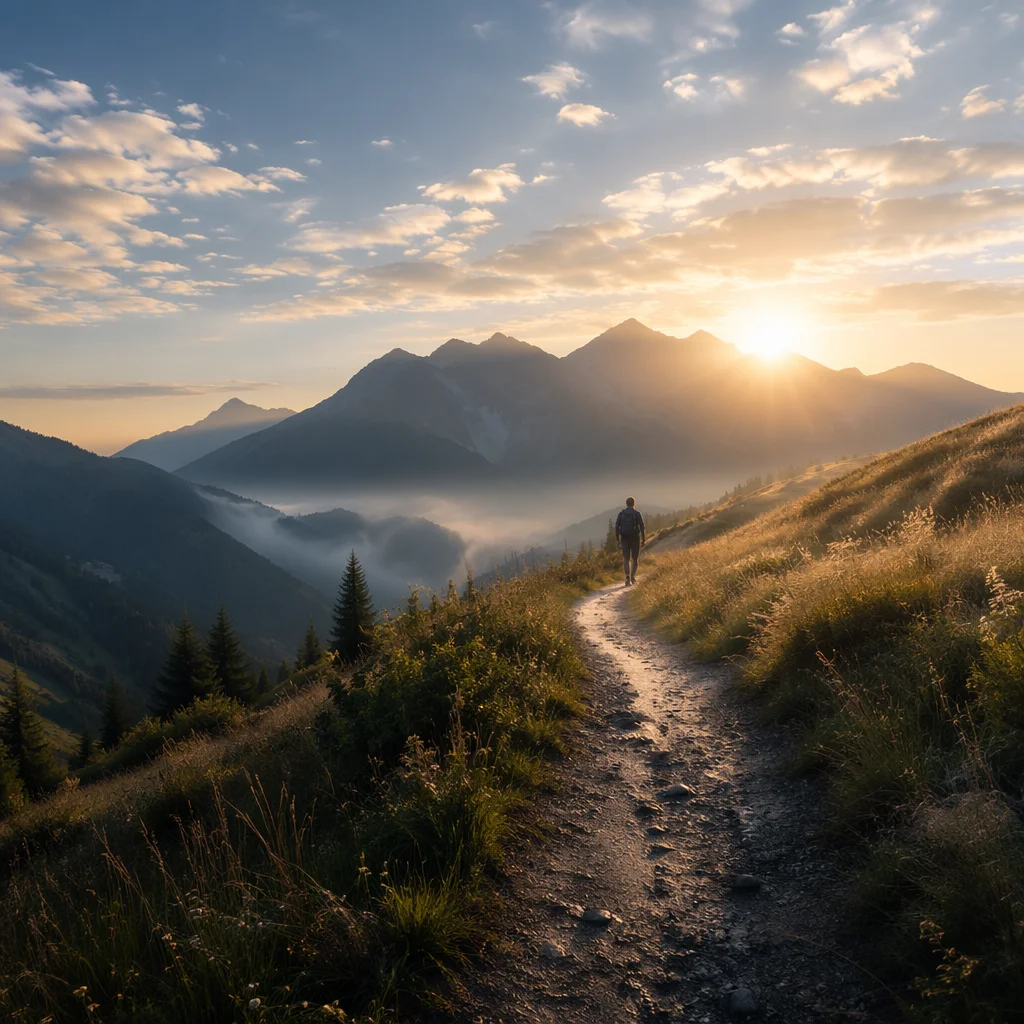 Sunrise Alpine Trail Toward Mountain Peaks