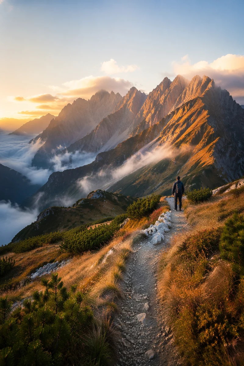 Autumn Sunrise Mountain Trail with Distant Hiker