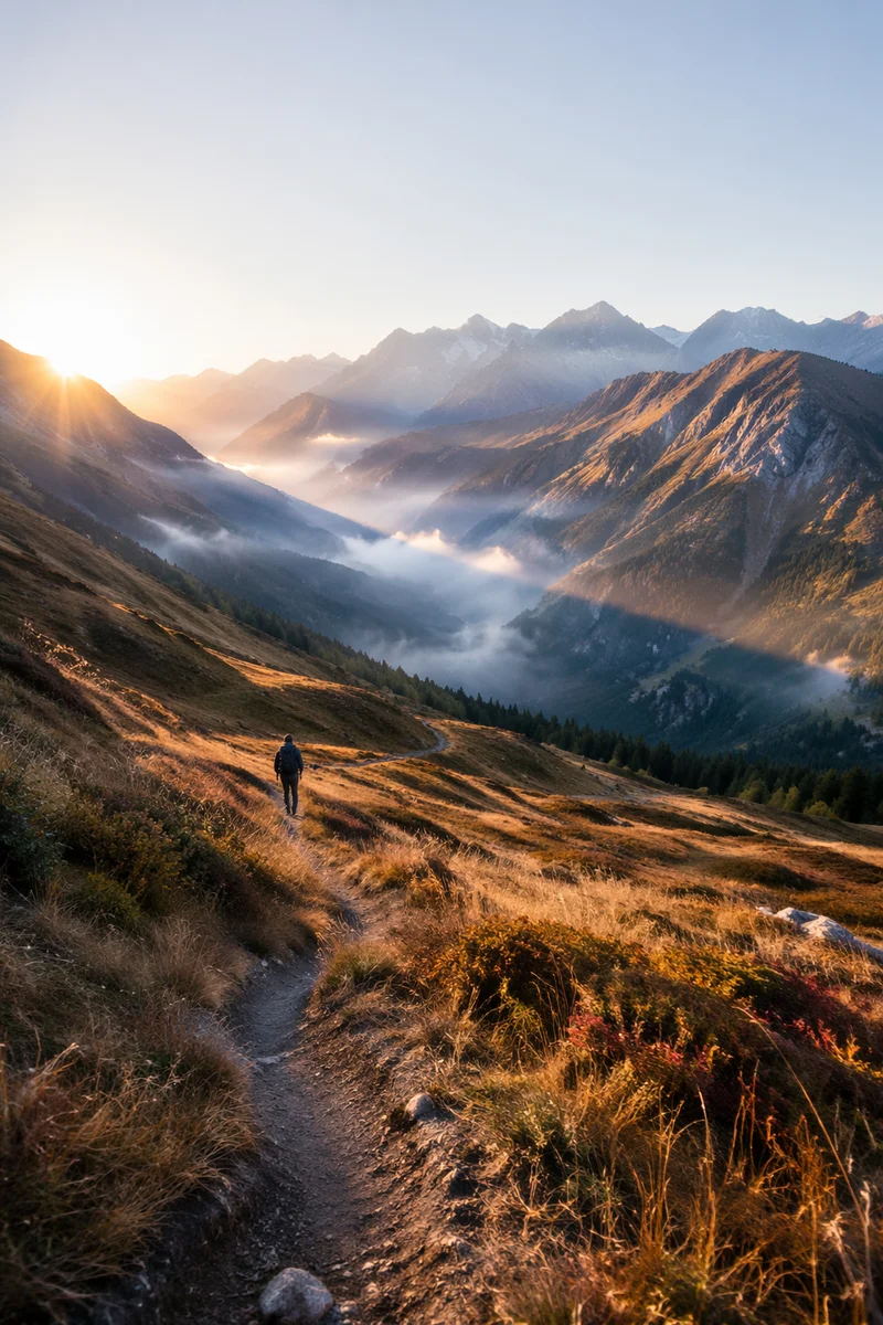 Autumn Sunrise Trail in Alpine Mountains