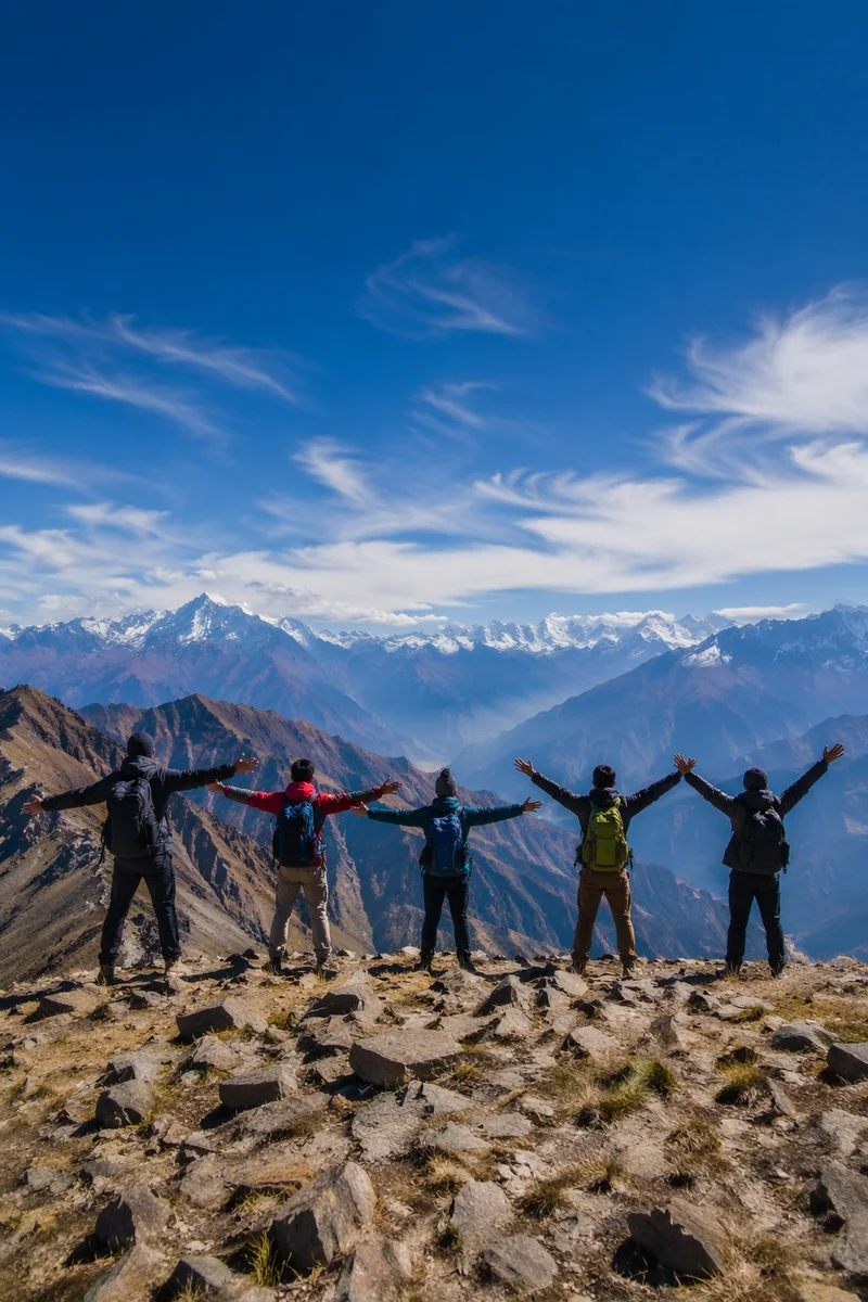 Joyful Hikers on Alpine Mountain Ridge