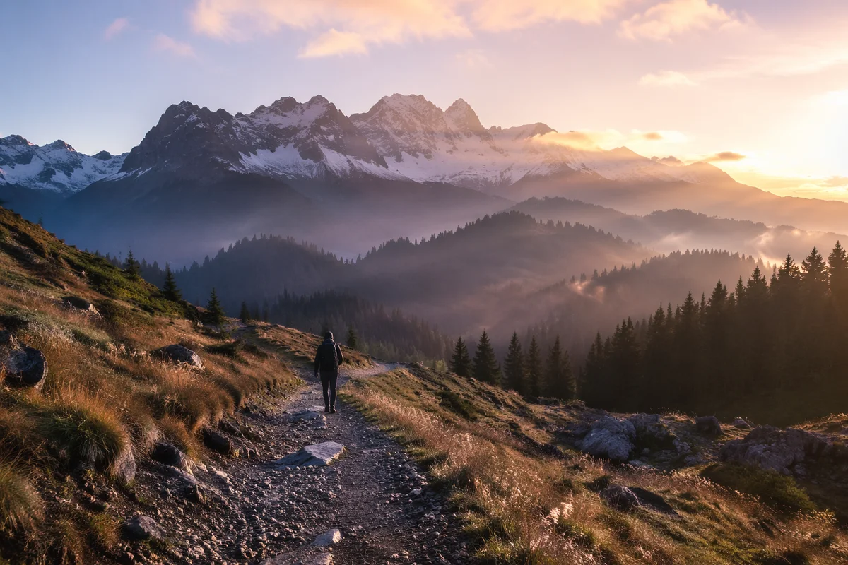 Dawn Hiker Beneath Misty Alpine Peaks