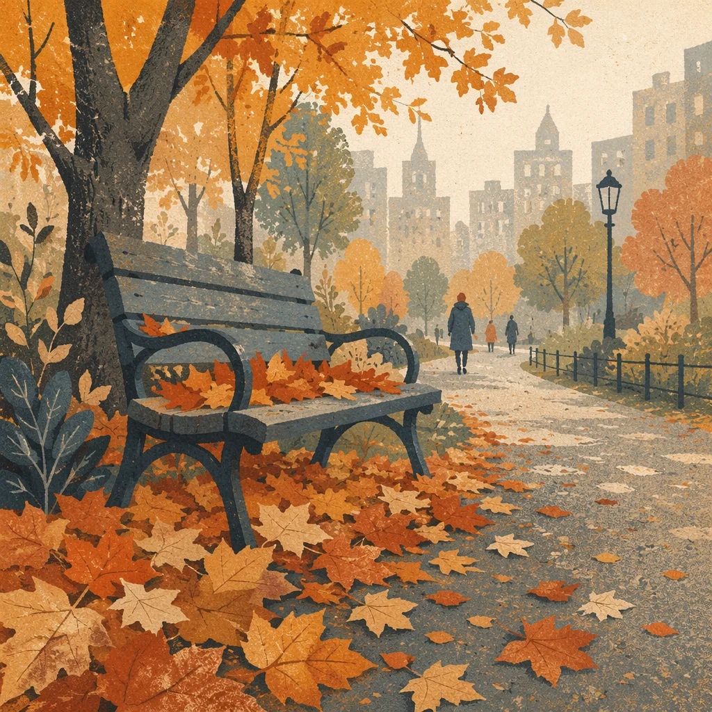 Autumn Park Bench Along Misty City Path