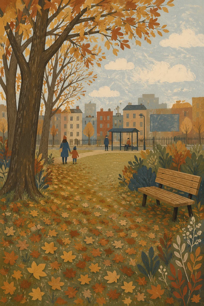 Quiet Autumn Park Bench in City