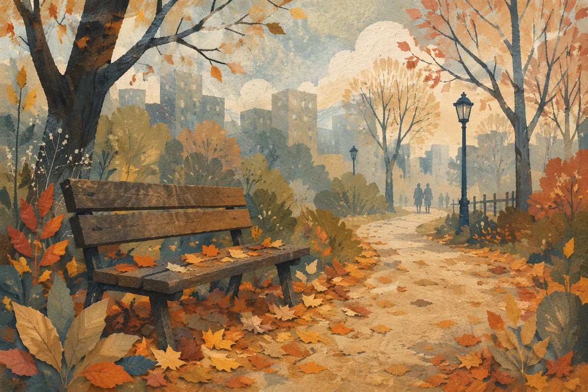 Quiet Autumn Park Bench at Dawn