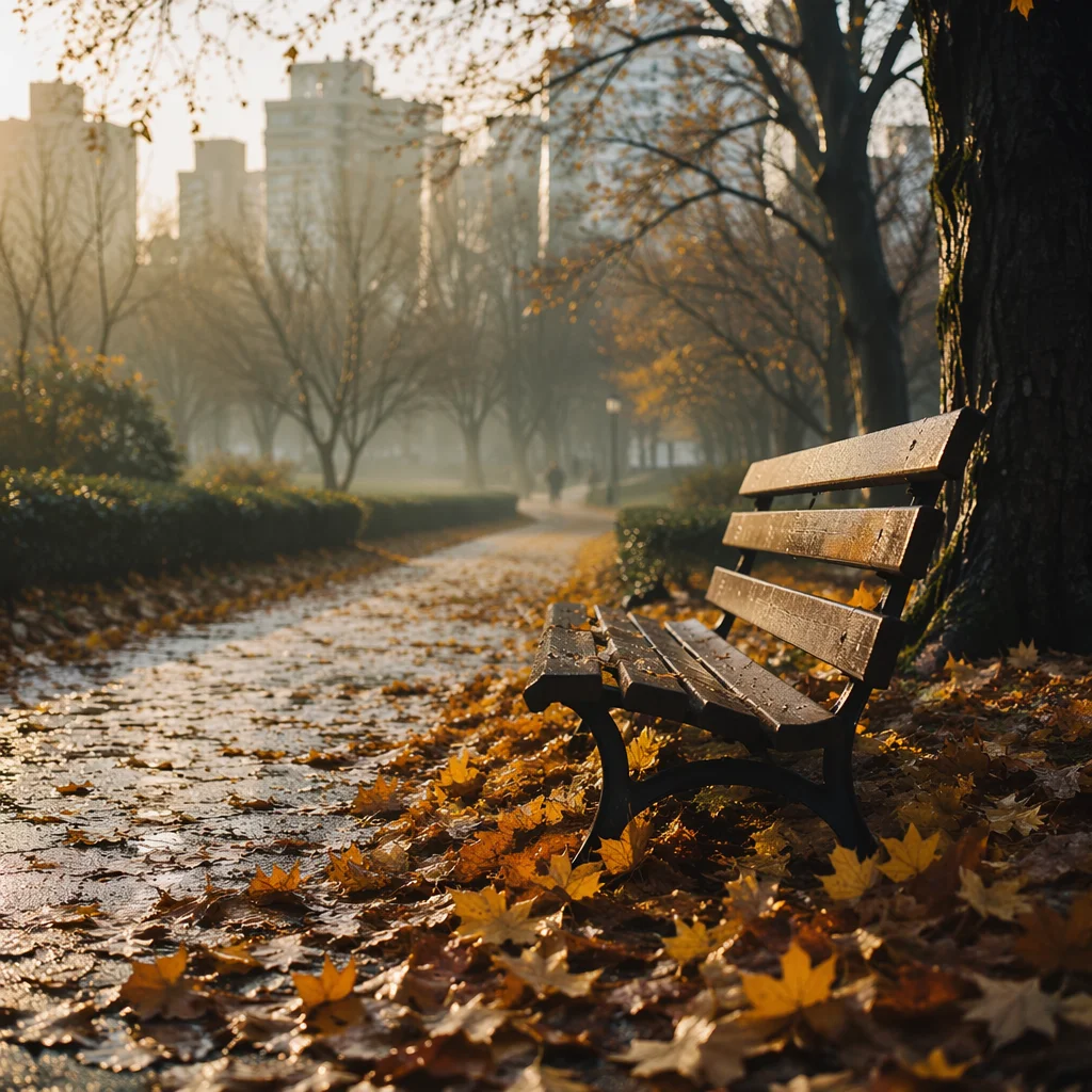 Quiet Autumn Park Bench at Dawn