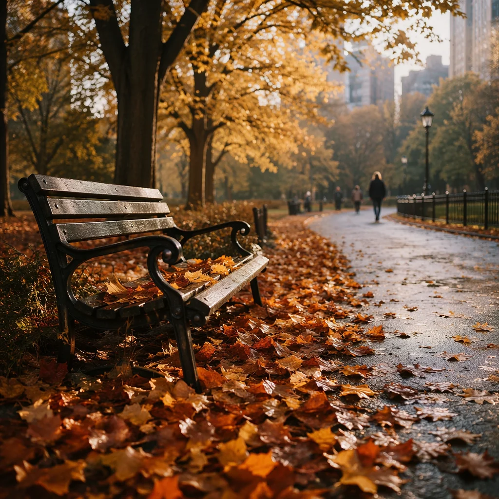 Autumn Park Bench in Quiet Morning Light