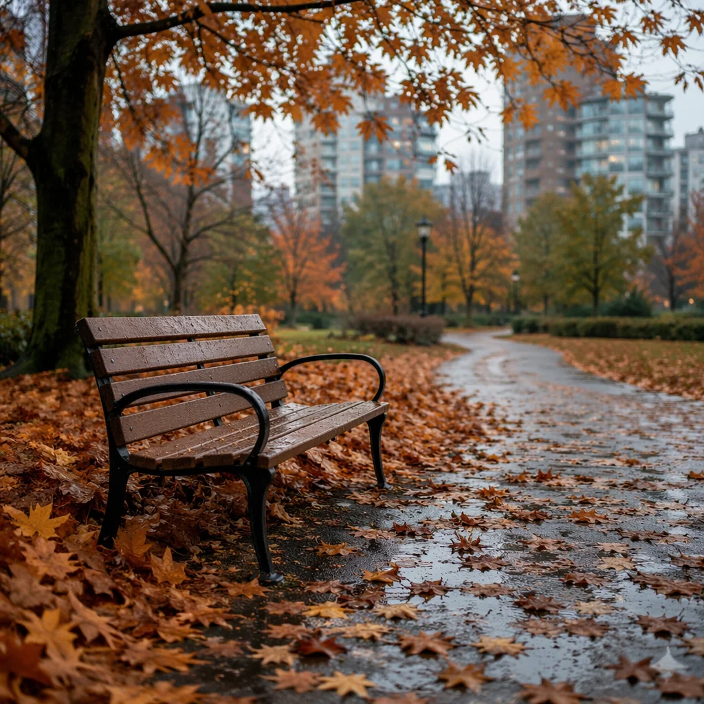 Quiet Autumn Park Bench After Rain