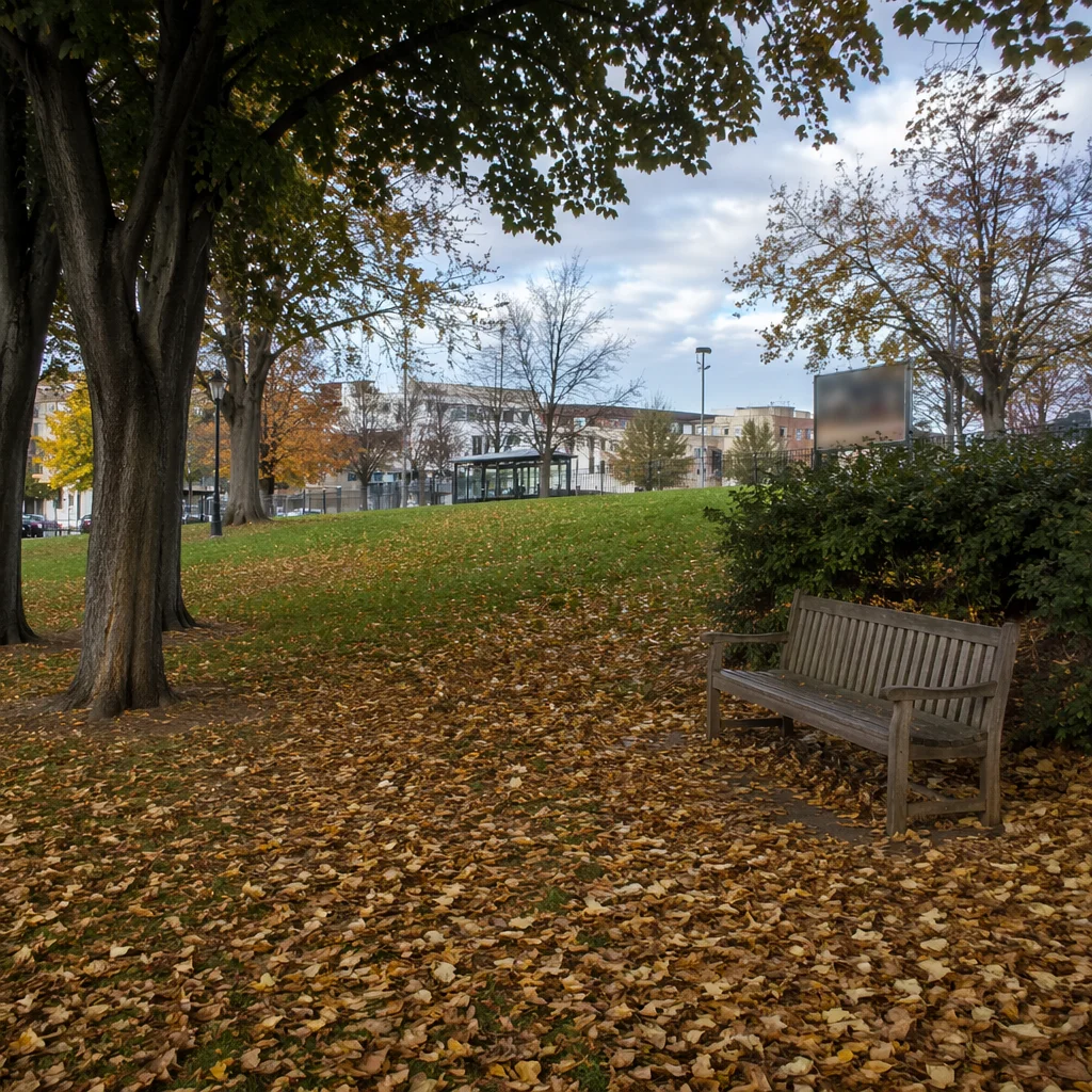 Quiet Autumn Park Bench in the City