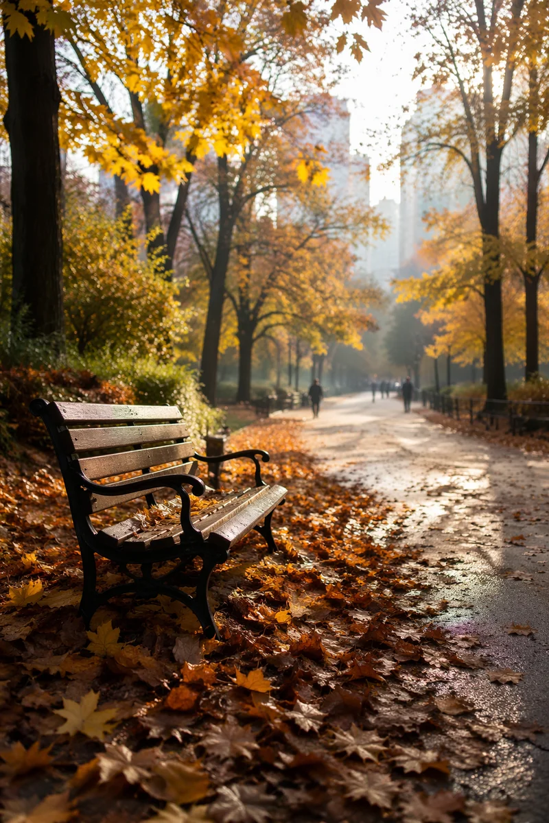 Autumn Park Bench in Morning Light