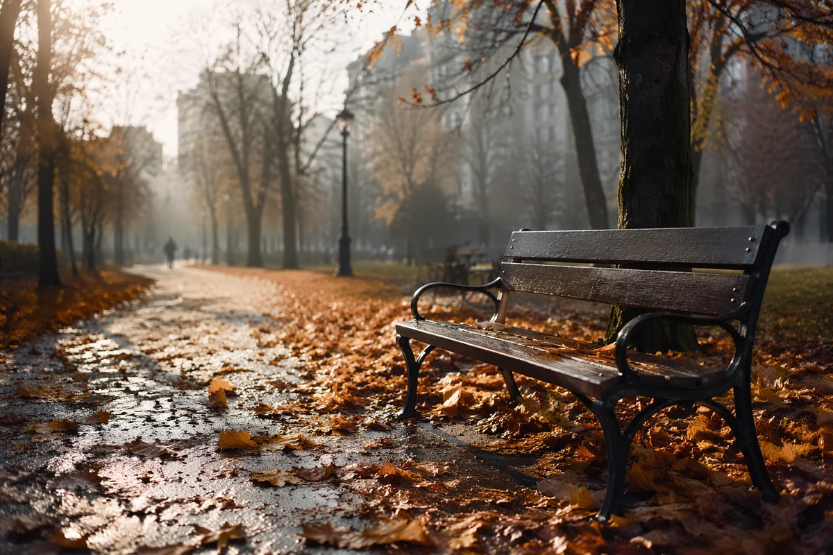 Quiet Autumn Park Bench at Dawn